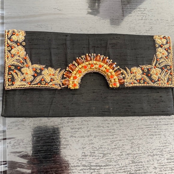 Black & gold raw silk zardozi embroidered clutch with orange & gold beads! - Picture 1 of 3